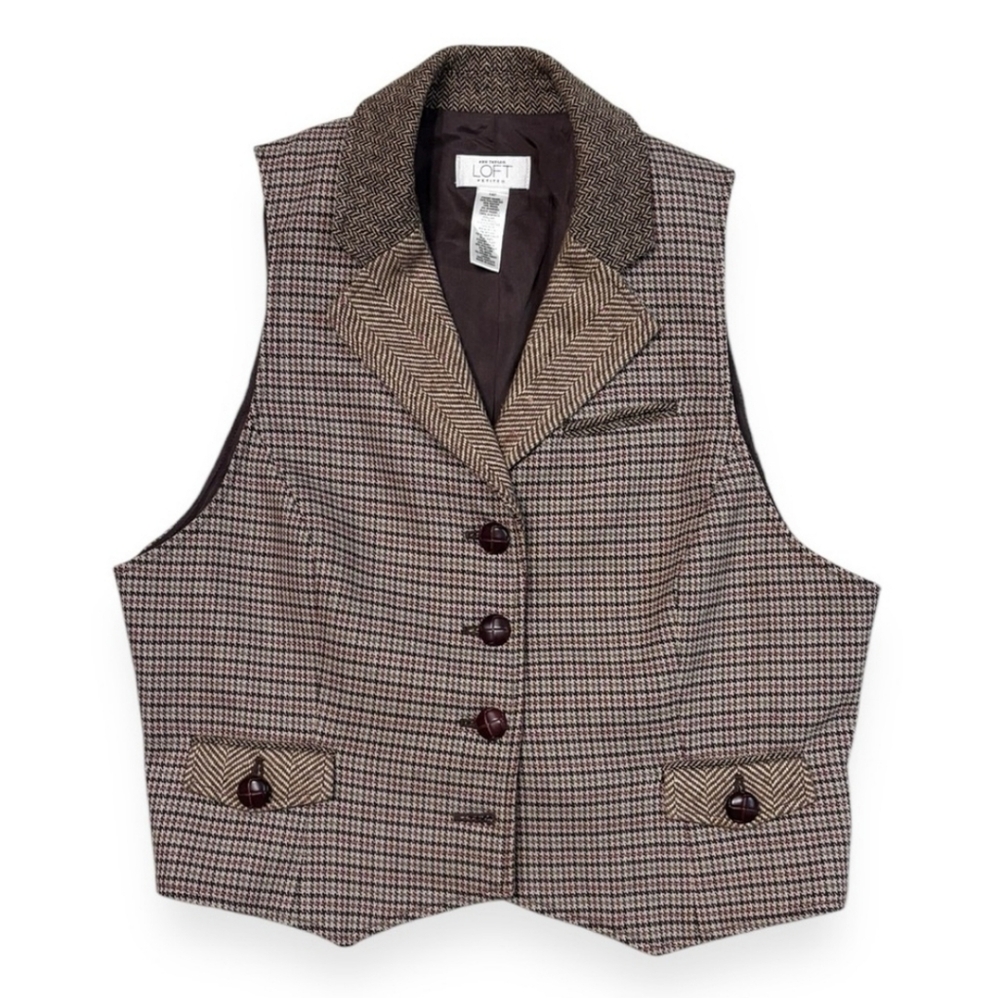 ANN TAYLOR LOFT Brown Mixed Herringbone Button Down Vest